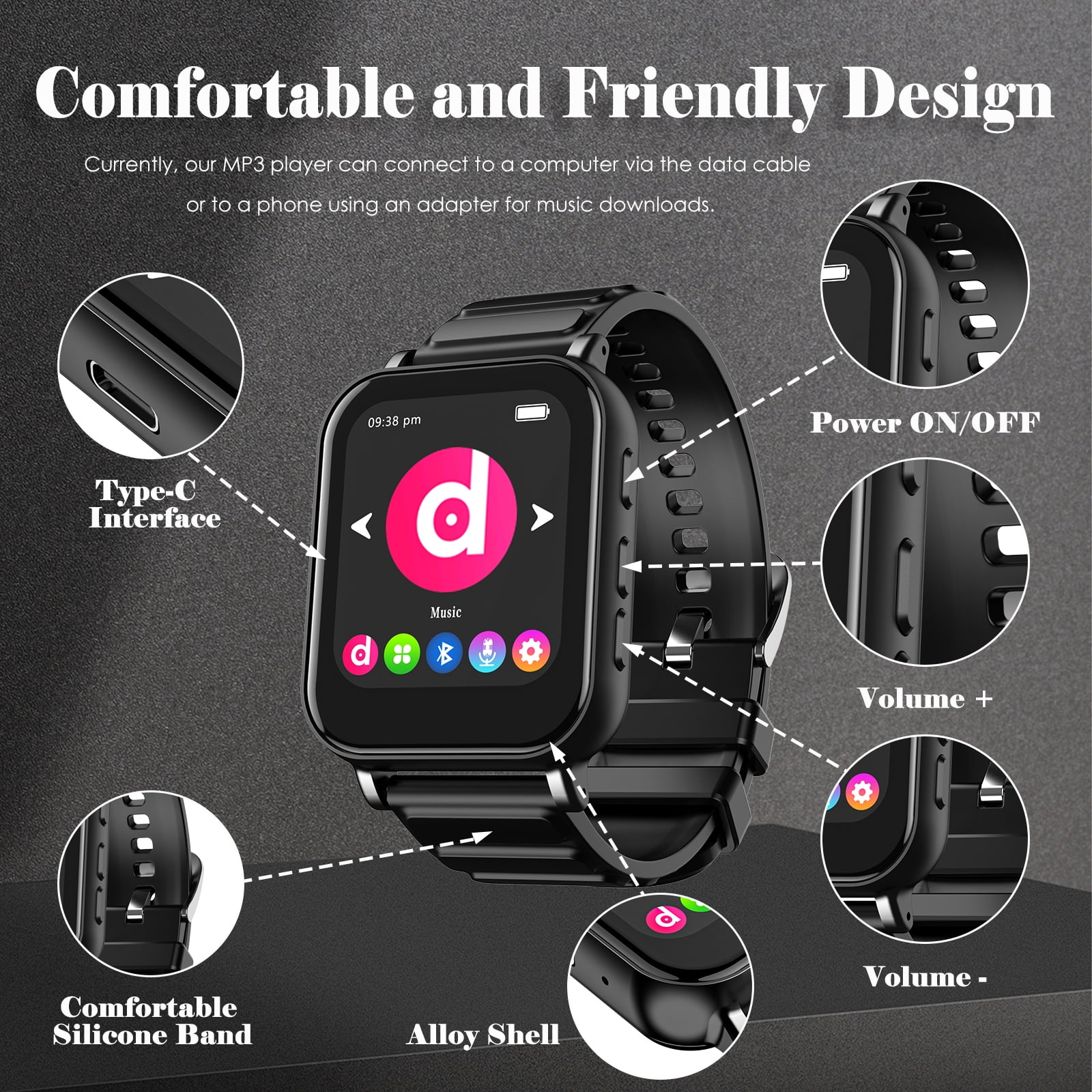 OAZOUF 32GB Smart MP3 Player Watch with Bluetooth 5.0, 1.69’’ Full Touchscreen Portable MP3 Watch with Recorder FM Stopwatch Alarm Calculator Pedometer, Black