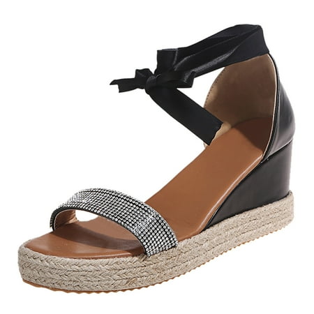 

iOPQO Women s Wedges Women s Summer Lace-Up Wedges Weave Beach Open Toe Breathable Sandals Shoes Roman Wedge Wedge Strap Open Black 41