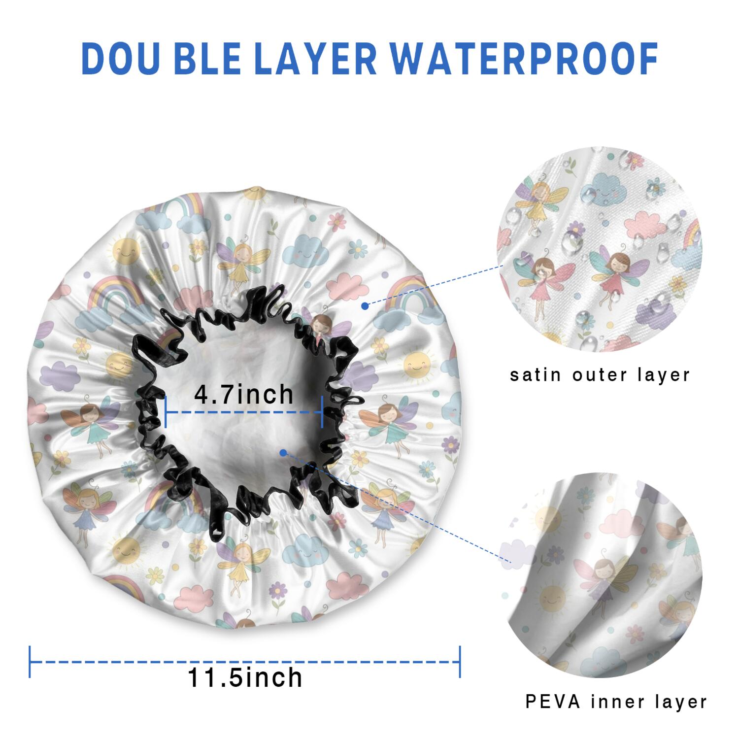 Shower Caps,Pastel Fairy Rainbow Pattern Waterproof Shower Cap for Women 4 Pieces,Double Reusable Hair Cover for Shower PEVA Elastic Stretch Hem