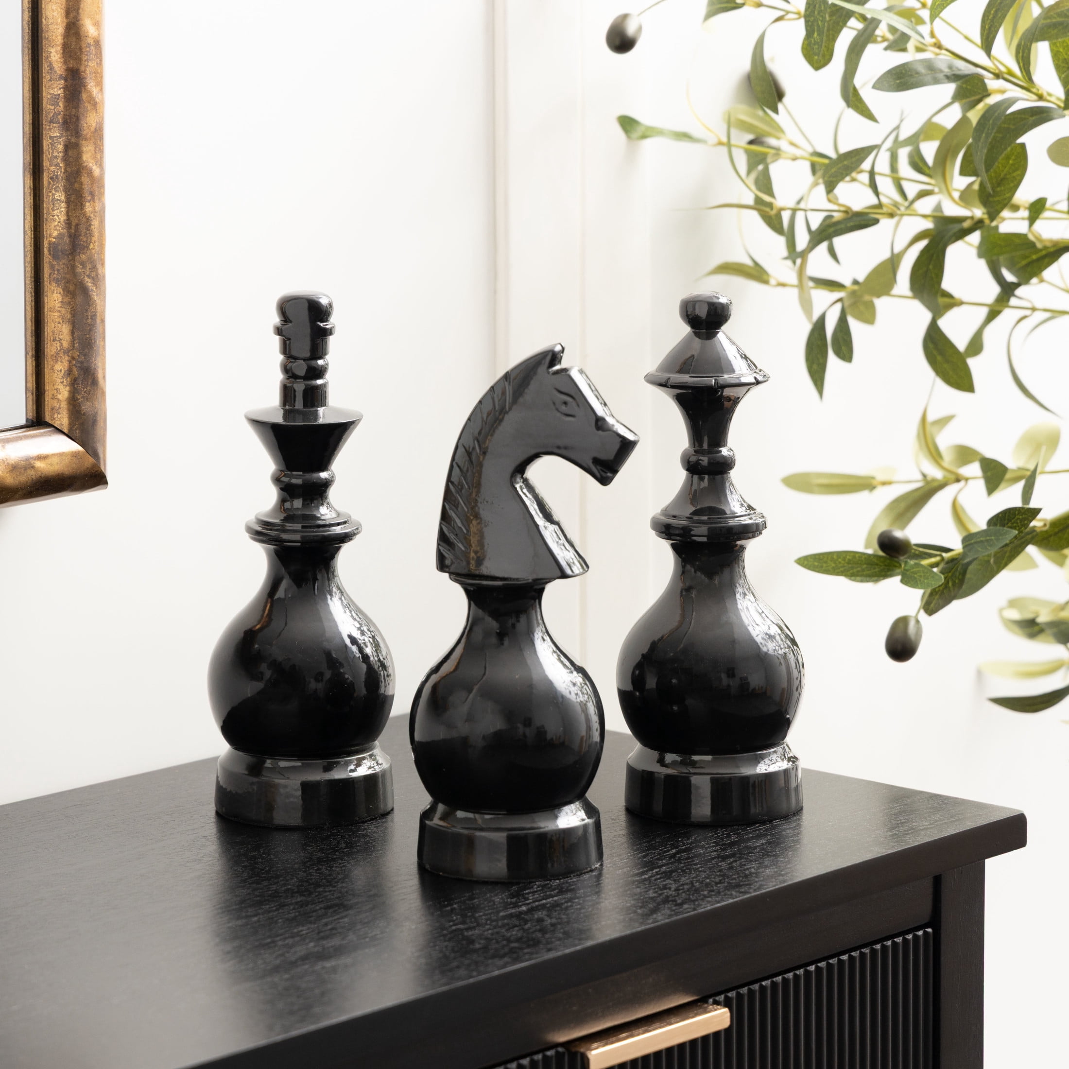 9", 9", 8"H Gray Aluminum Metal King, Knight, Bishop Chess Sculpture, by DecMode (3 Count)