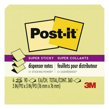 Post-it Super Sticky Dispenser Pop-up Notes, 3 in. x 3 in., Canary Yellow, 4 Pads