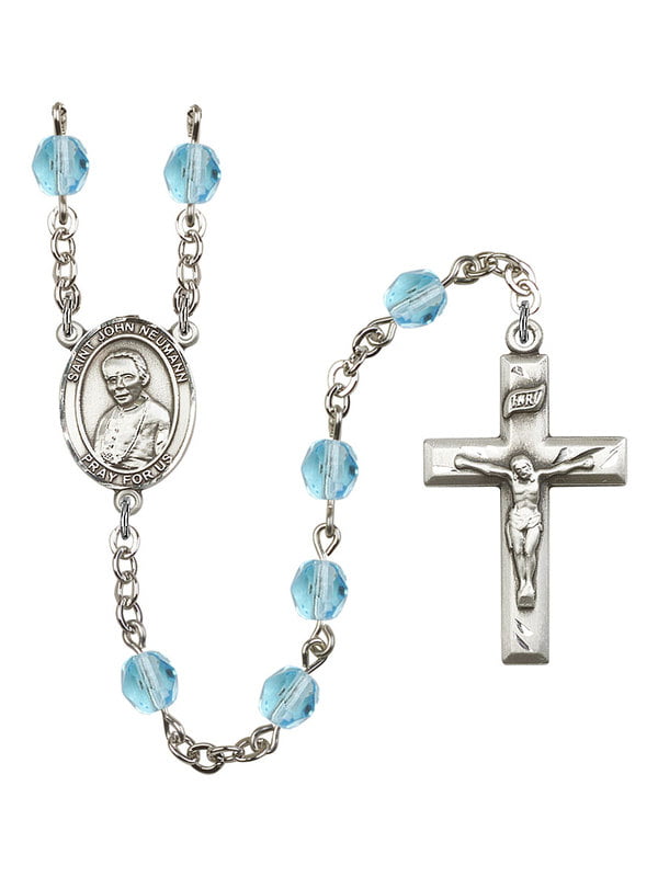 Gift Boxed John Neumann Rosary with 6mm Saphire Color Fire Polished Beads St and 1 5/8 x 1 inch Crucifix John Neumann Center Silver Finish St 