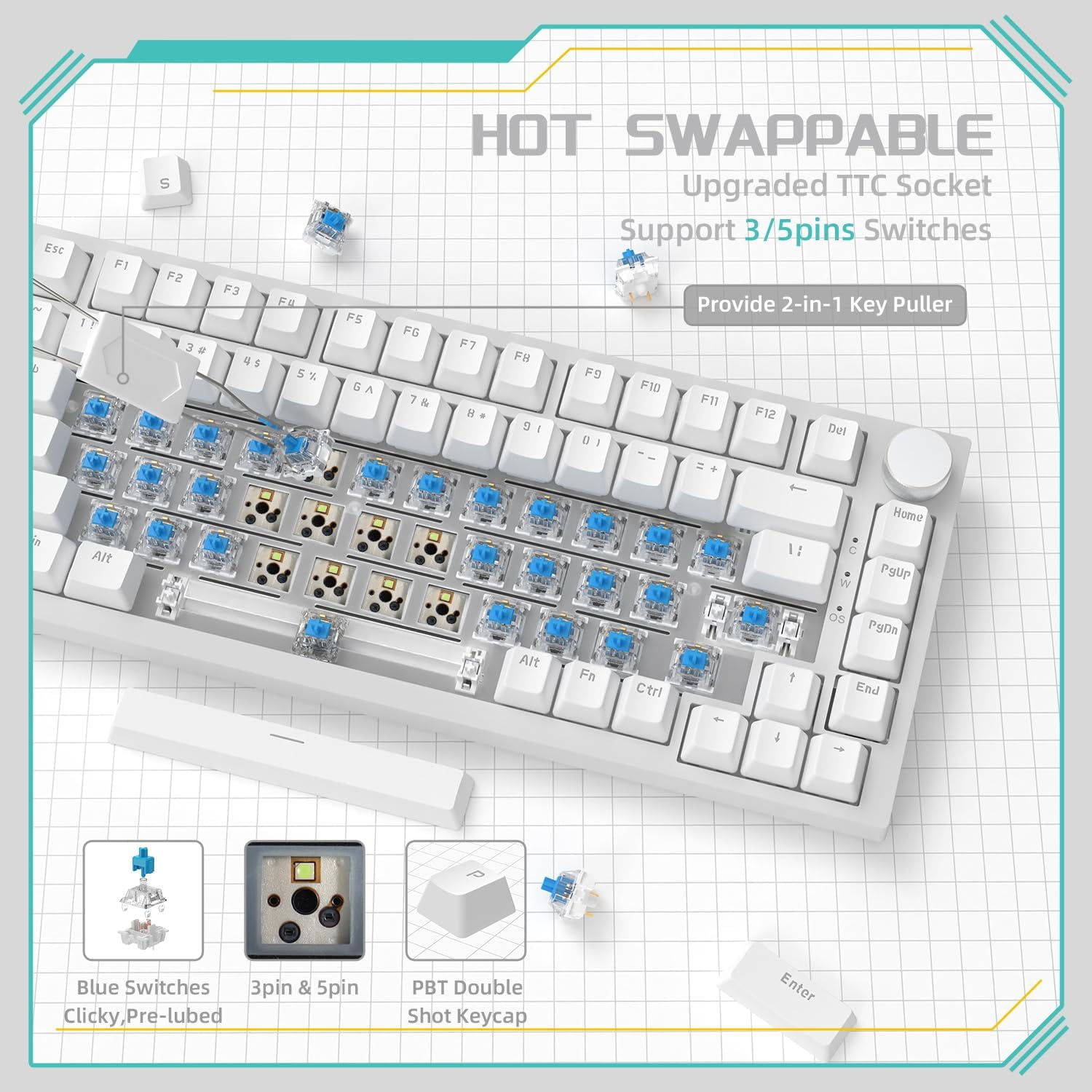 AJAZZ AK820 75% Wired RGB Hot Swap Mechanical Keyboard with CNC Volume Knob,Poron Foam Gasket Mounted,South Facing LED,OME Profile PBT Keycap-Blue Light,NKRO,Blue Clicky Switch(White)