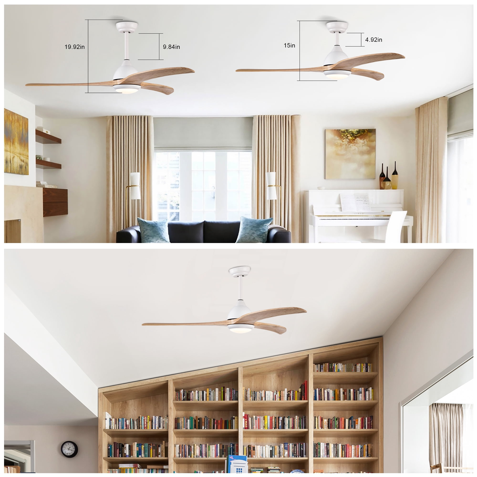 Leumius 52" Solid Wood Blades Ceiling Fan with Light and Remote Control, Noiseless Reversible Motor, 6 Speed for Patio Living Room Bedroom Office White