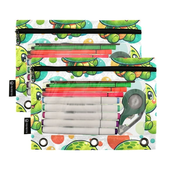 2 Pack Pencil Pouch for 3 Ring Binder Smooth Zipper Folders with Pockets Clear Window Pencil Case Baby Turtle and Ball