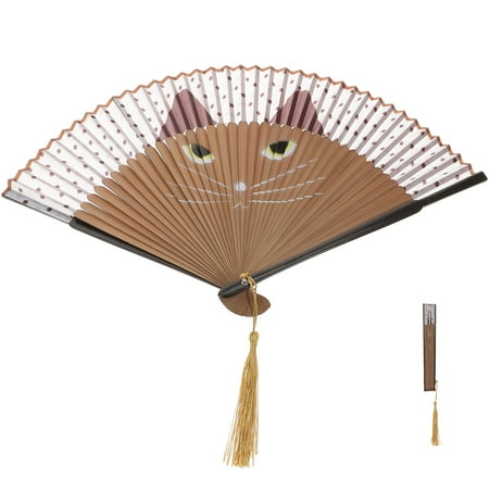 

Cat Folding Fan Cartoon Silk Surface Summer Fan Everyday Use Dots Printed Folding Fans for Home Office (Round Eyes Light Brown)