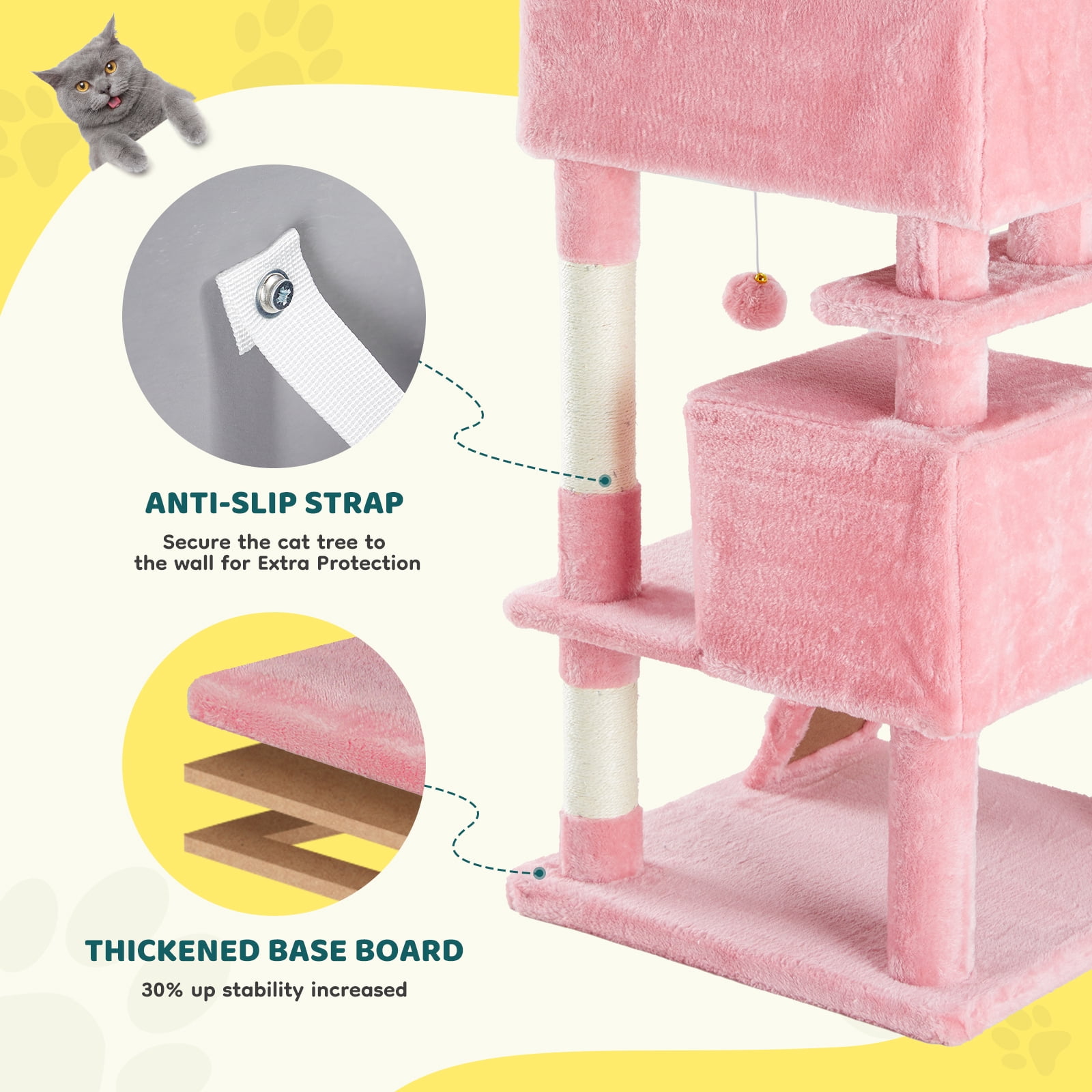 SHOUFTW 54 Indoor Cat Tree Tower, Multi-Layer Design, Sisal Scratching Posts, Spacious Apartment, Climbing Ramp, Kitten Toys, Pink