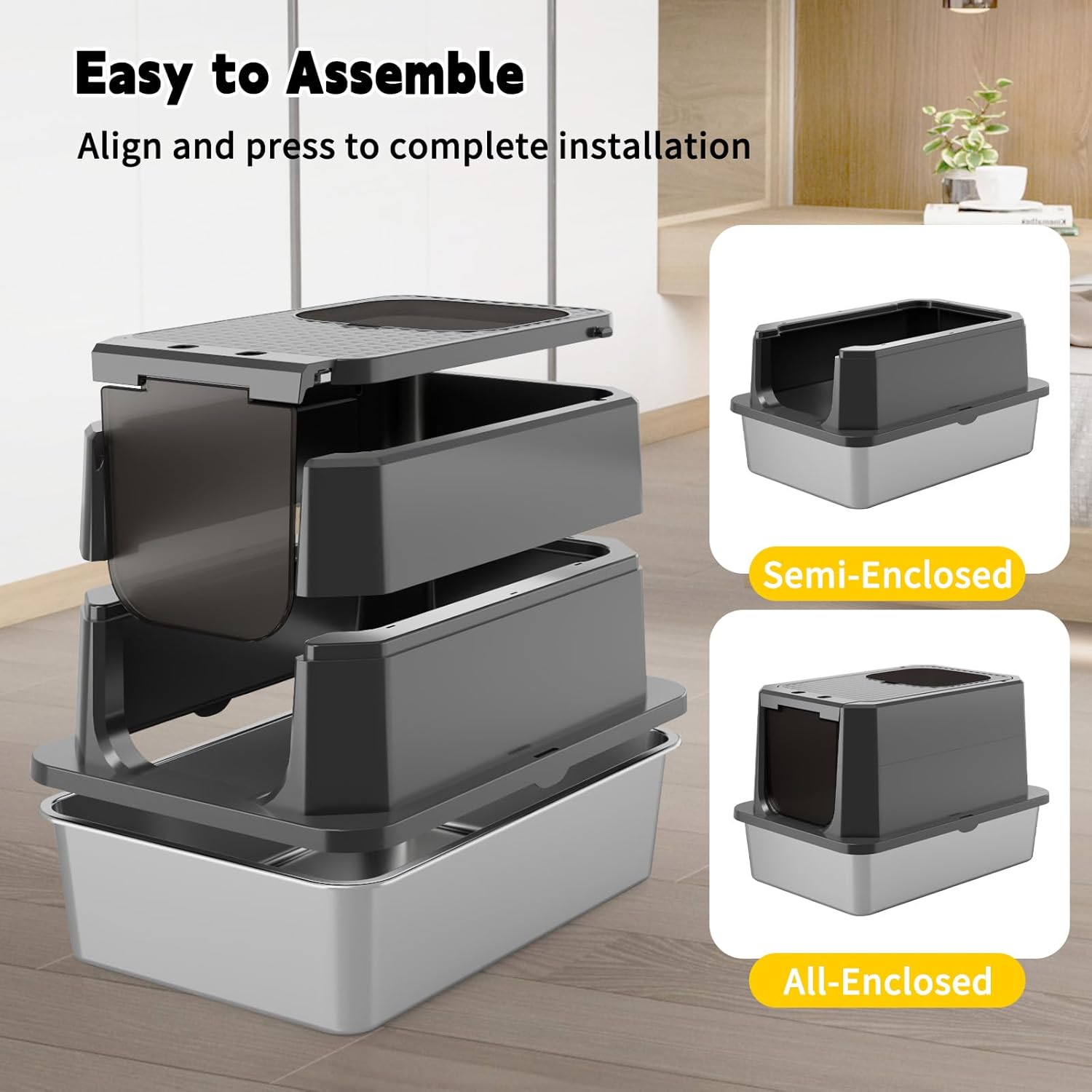 Enclosed Cat Litter Box: All Black Stainless Steel - Odor-Resistant & Easy Wipe Clean - Teflon Non-Stick Coating for Quick Cleaning - Large Top-Exit Pan for Modern Homes Garage