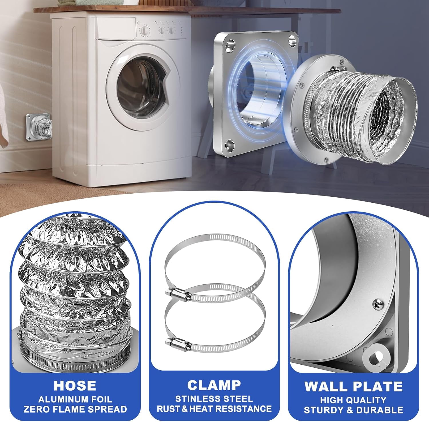 Magnetic Dryer Vent Coupler with 4 inch Hose，Magnetic Dryer Vent Coupling for Connection and Disconnection,Magnetic Dryer Vent Connector Kit Strong Magnetic Self-connection(silver）