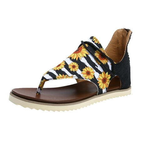 

Sandals Women Fashion Spring Summer Sandals Flat Bottom Light Sunflower Cow Print Canvas Back Zipper Comfortable Casual Style Womens Shoes