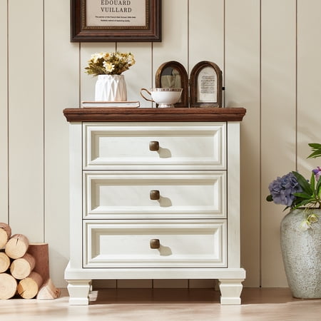 LELELINKY Nightstand with 3 Drawers Rustic Couch End Table with 4 Square Solid Wood Legs Mid-Century Modern Bed Side Table with Storage Small Dresser for Bedroom Living Room White
