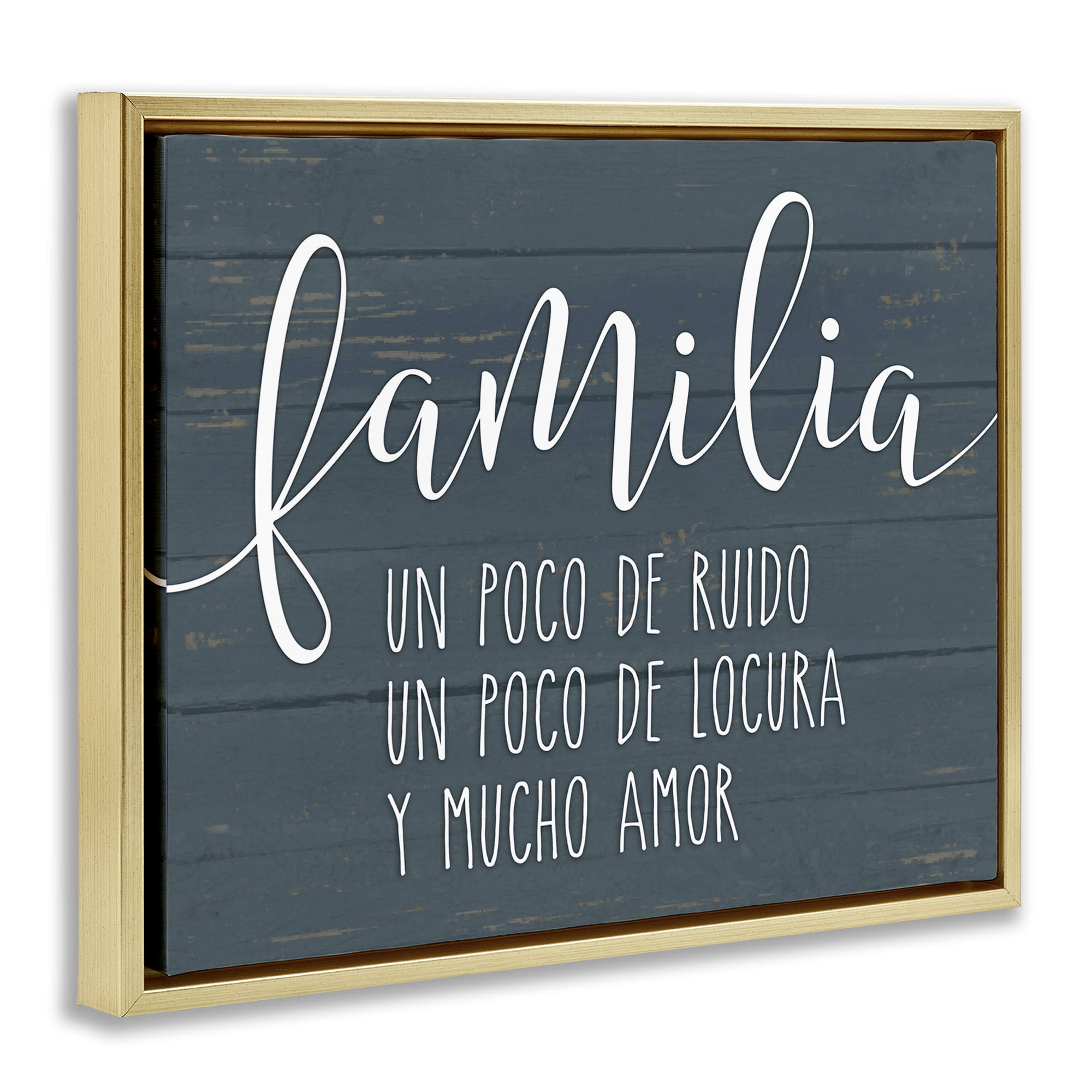 Stupell Industries Familia Y Mucho Amor Inspirational Quotes & Sayings Painting Gold Floater Framed Art Print Wall Art, 21 x 17