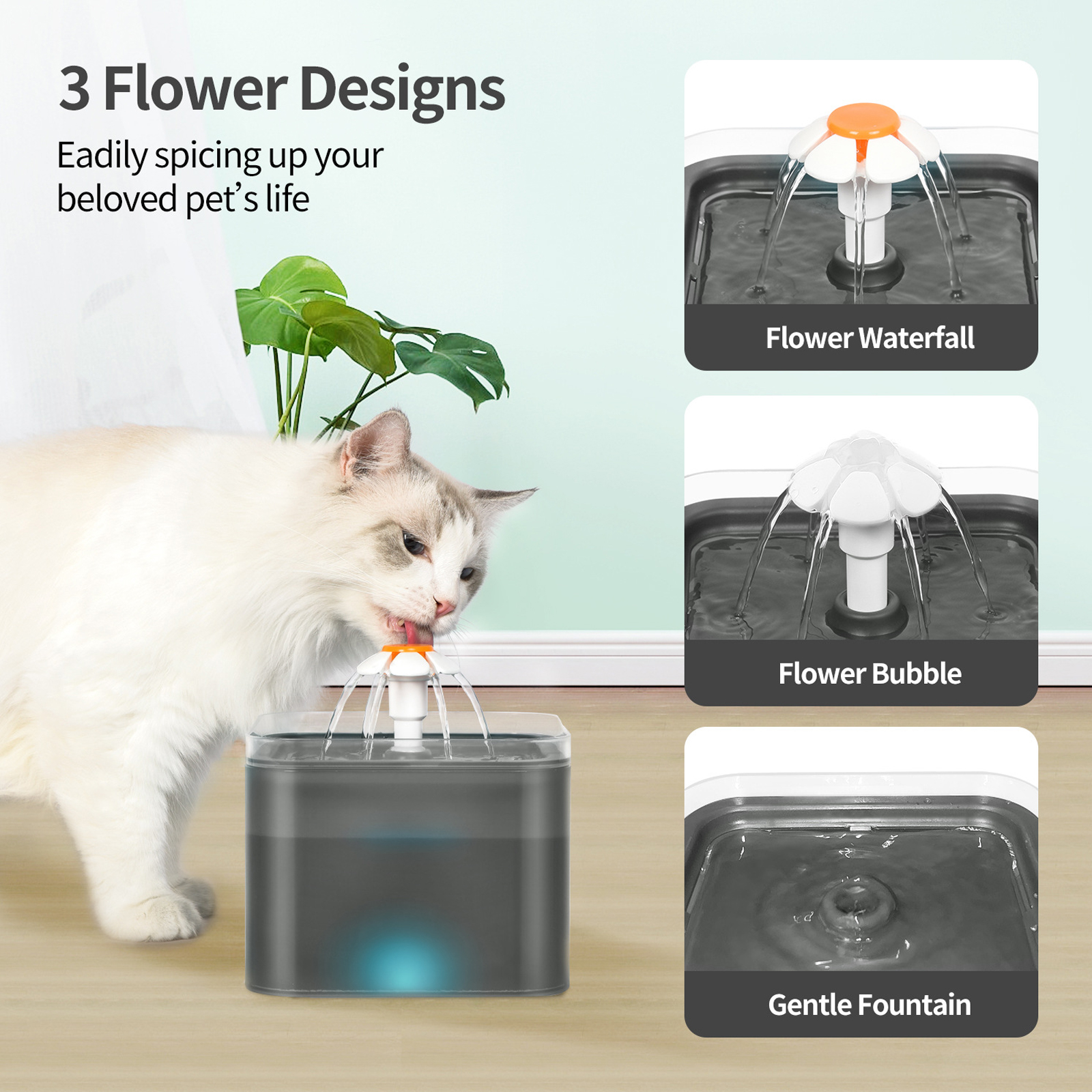 Cat Water Fountain, 2L/68oz Pet Water Fountain for Cats Inside, Automatic Dog Drinking Dispenser with Replacement Filters Quiet Pump LED Lights, Cats Dogs and Birds Use, Black