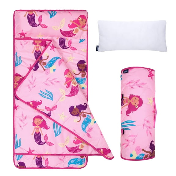 Wildkin Day2Day Nap Mat for Toddler Boys and Girls, Daycare and Preschool, Roll-up Design (Groovy Mermaids Pink)