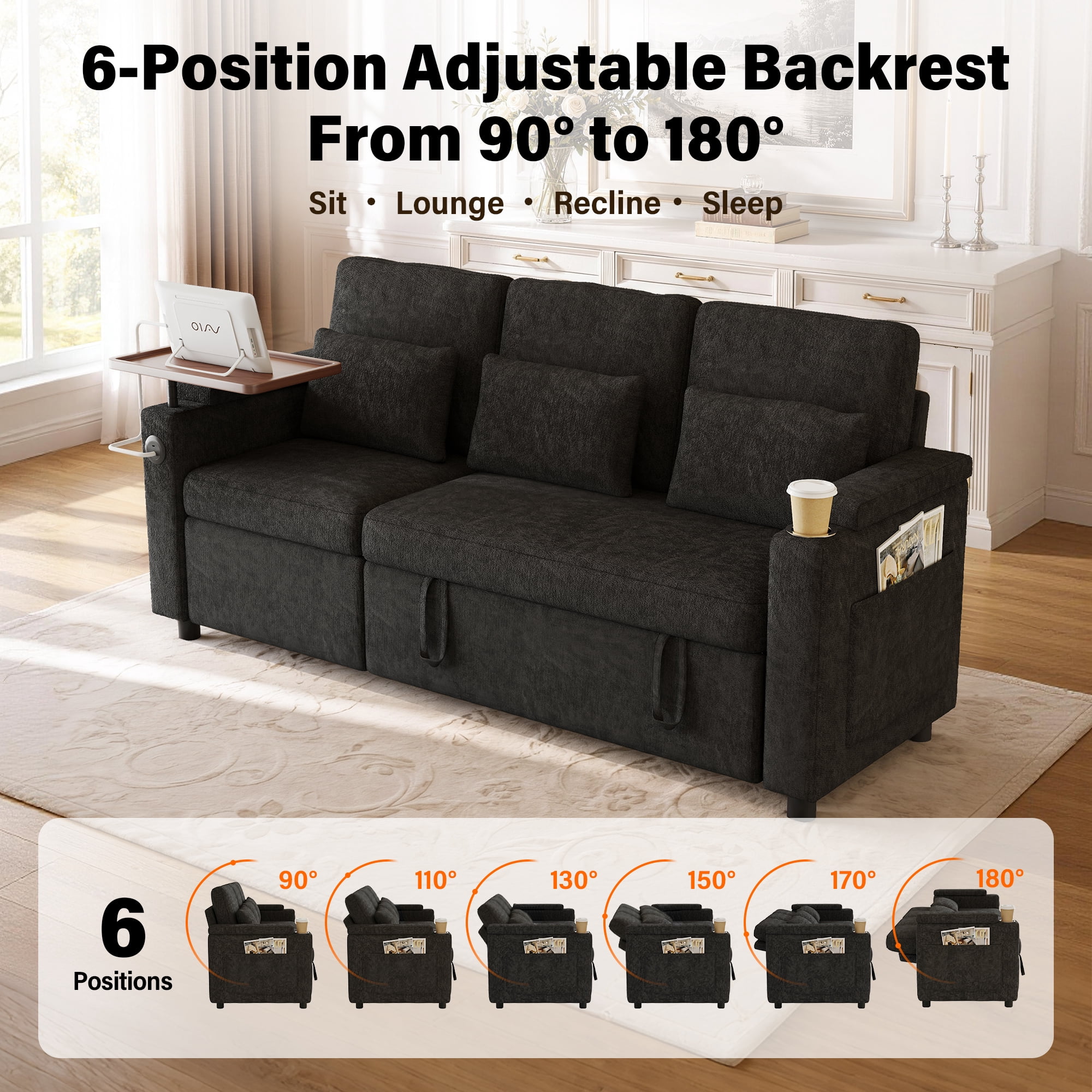 Aukfa 81" Convertible Sleeper Sofa,Chenille 3-in-1 Sofa Bed with Recliner,Center Table,USB Ports & Storage Armrests,Black