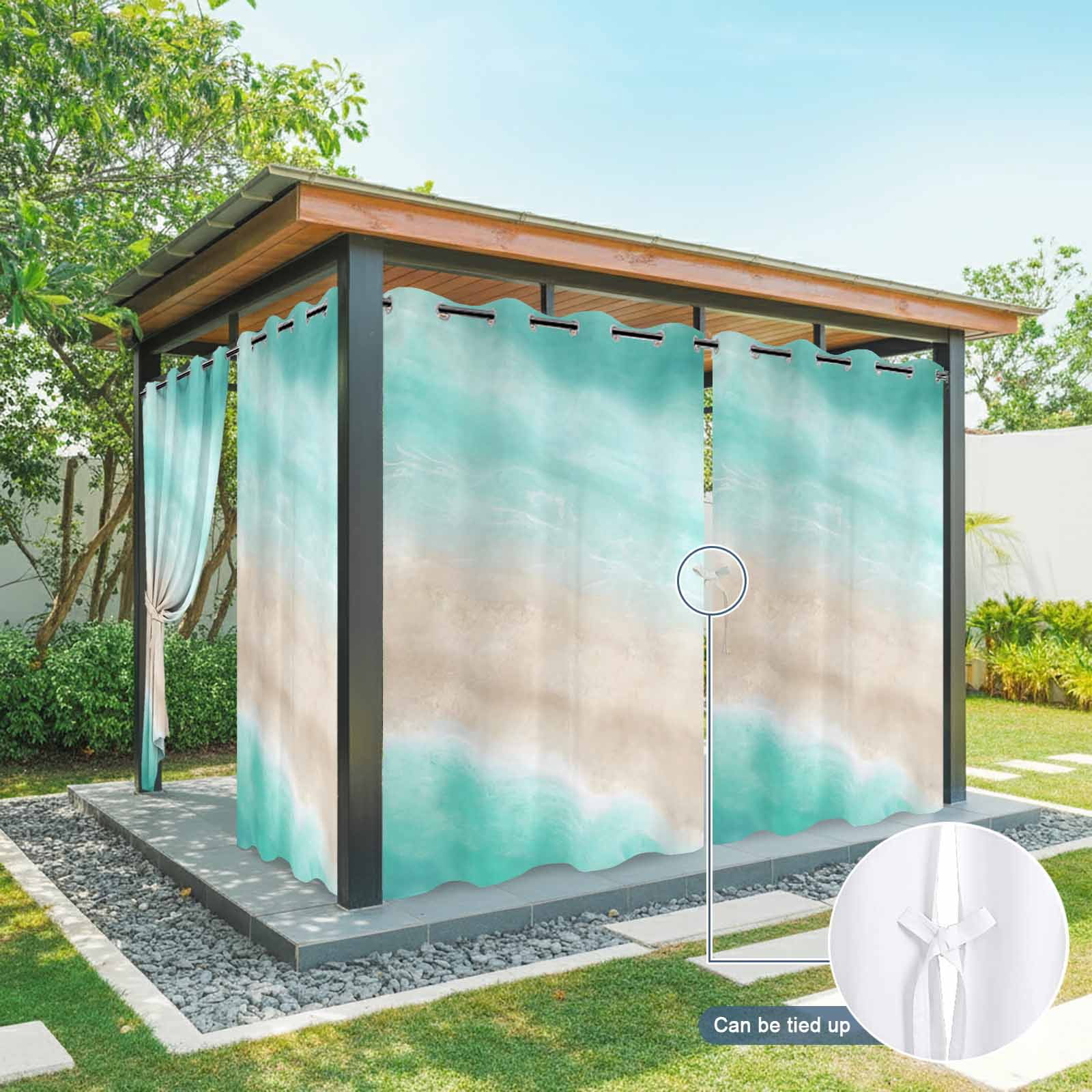Summer Beach Outdoor Curtains for Patio, Teal Green Gradient Ocean Wave Beige Sand Abstract Sunshade Privacy Drapes Grommet Waterproof Outside Curtains for Porch/Cabana/Balcony 54"x 108", 1 Panel