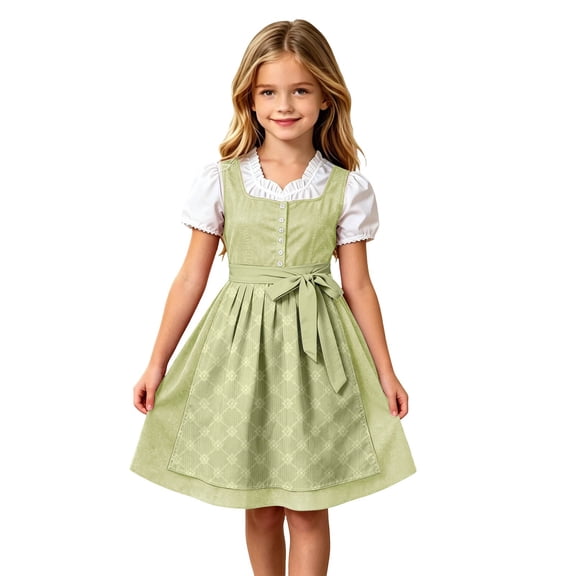 Lullu Girls Bavarian Dirndl Dress Traditional Oktoberfest Square Neck Sleeveless Dress Apron, Green, Sizes 3-12