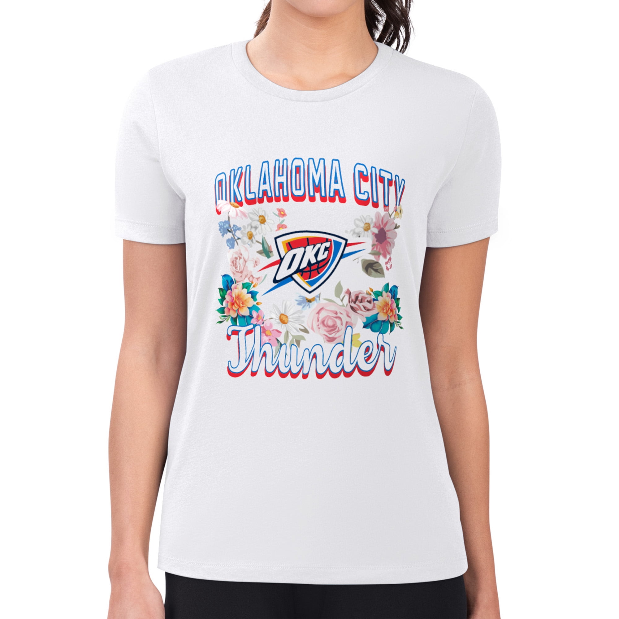 Women's G-III 4Her by Carl Banks White Oklahoma City Thunder Super-Slim Fit Lightweight Flowers Team Logo Graphic