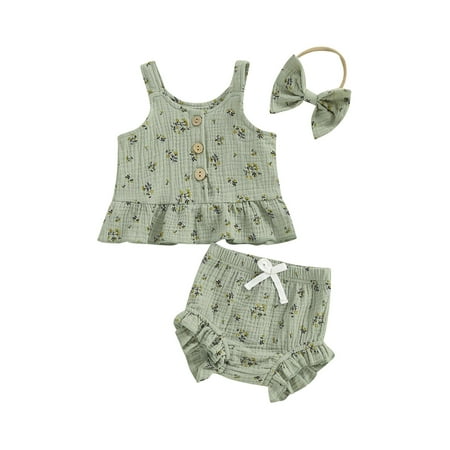 

Bslissey Baby Girls 3Pcs Summer Outfits Floral Print Sleeveless Ruffled Tank Tops + Elastic Waist Frill Trim Shorts + Headband 0-24M Infant Toddler Cute Shorts Sets