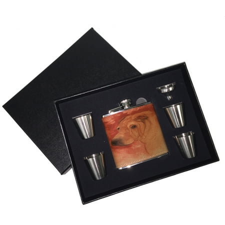 - KuzmarK 6 oz. Leather Flask Set in Black Presentation Box - Chinese Shar-Pei Fawn Horsecoat Head Study Art by Denise Every