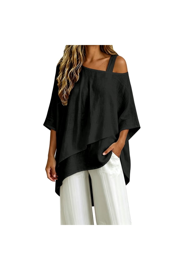 Women's Asymmetrical Cold Shoulder Blouse Oversized Half Sleeve High-Low Hem Tunic Tops Casual Loose Fit Solid Shirts Black L
