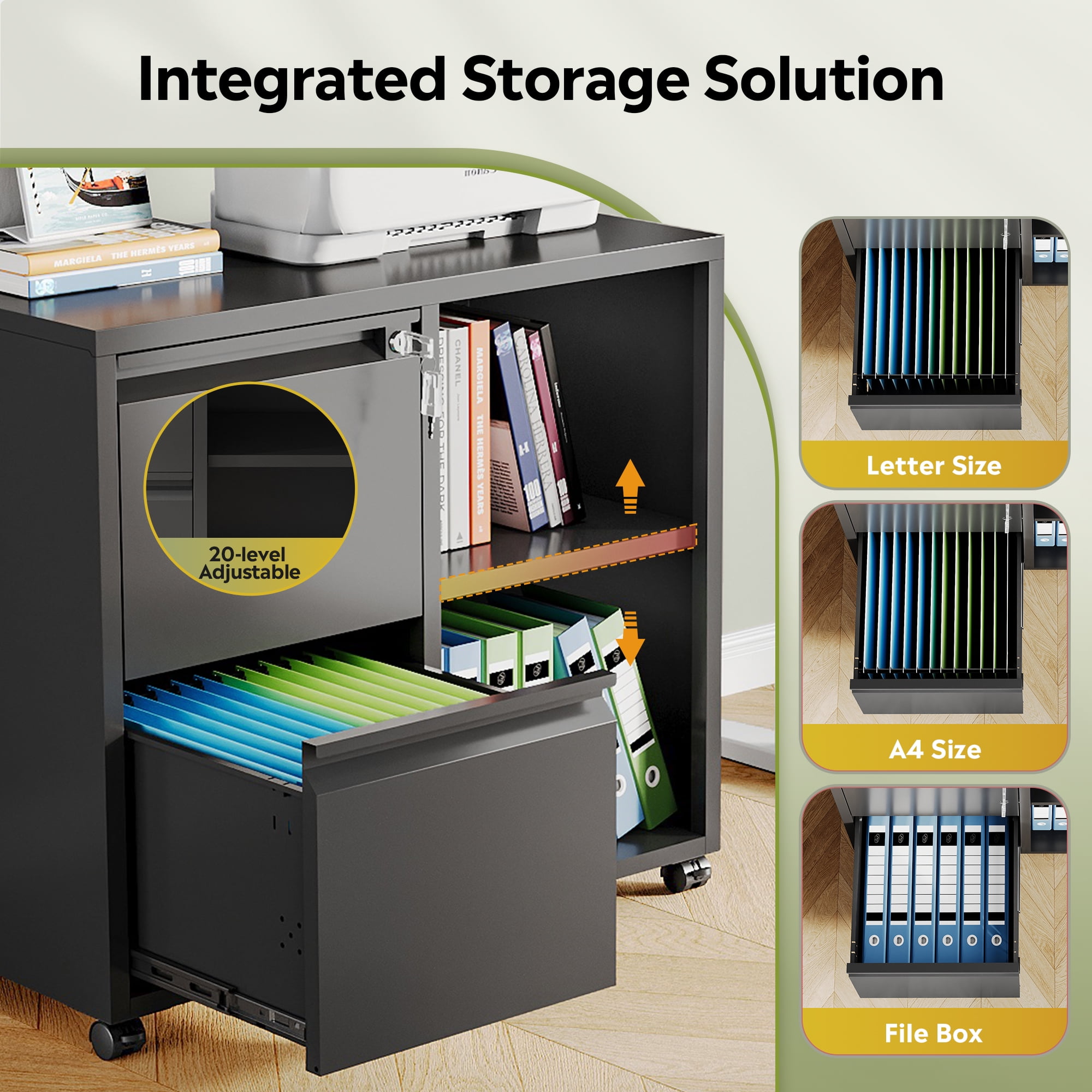 GALAXHERO 2 Drawer File Cabinet with Lock, Metal Filing Cabinet for Home Office, Rolling Printer Stand with Adjustable Shelf, Fit Letter/A4/Legal Size Files, Black