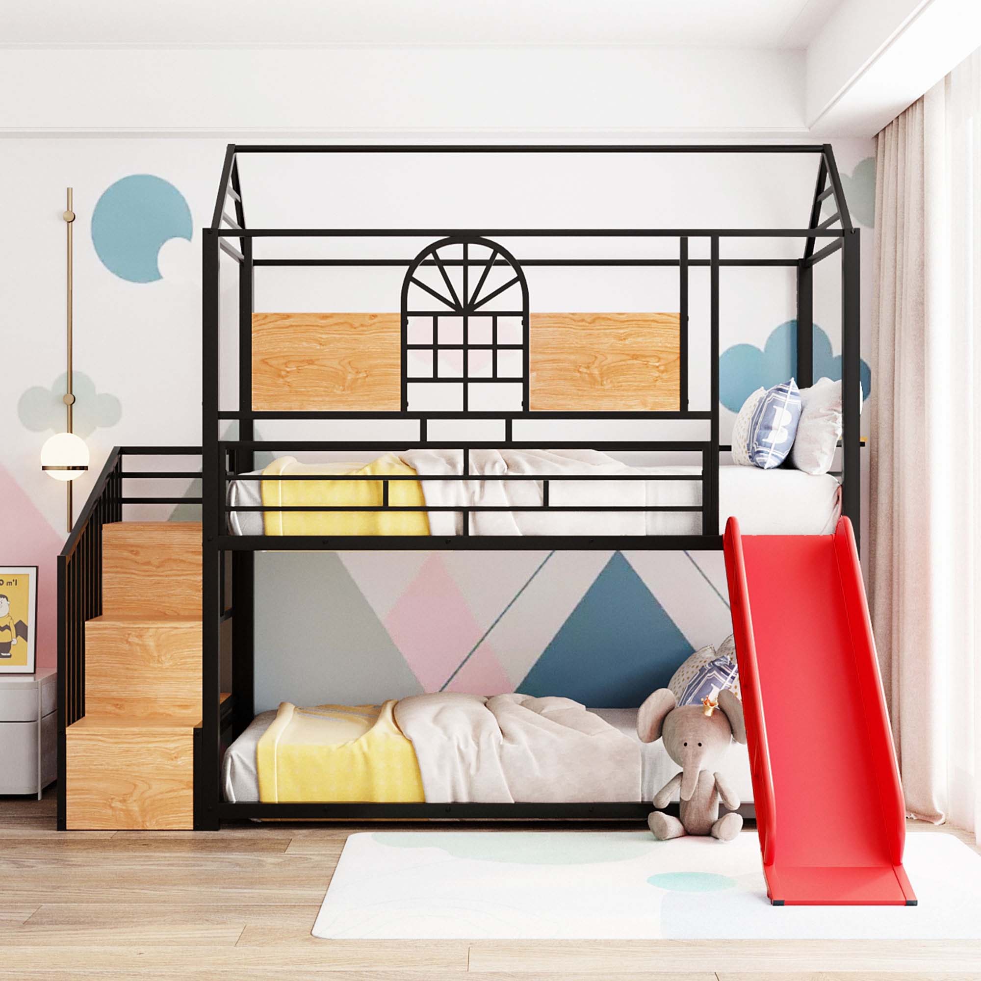 Aukfa Twin over Twin Bunk Bed with Slide, Metal House Bunk Bed with Staircase and Shelves for Kids - Black/Red