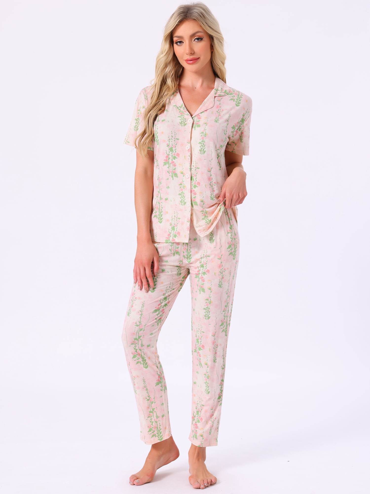 DARING DIVA Tencel Floral Short Sleeve Notched Collar Pants Set XL Pink