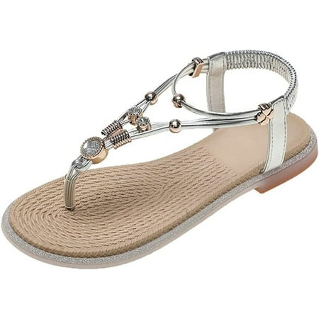 

DabuLiu Women s Summer Elastic Strap Flat Sandals Open Toe Flats Bohemian Beading Beach Sandal Shoes Casual for Party Vocation
