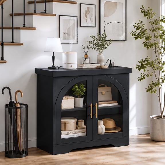 Buffet Cabinet with Power Outlet & LED Lights, Kitchen Side Storage Organizer with Adjustable Shelves for Living Room, Kitchen,Entryway,Black