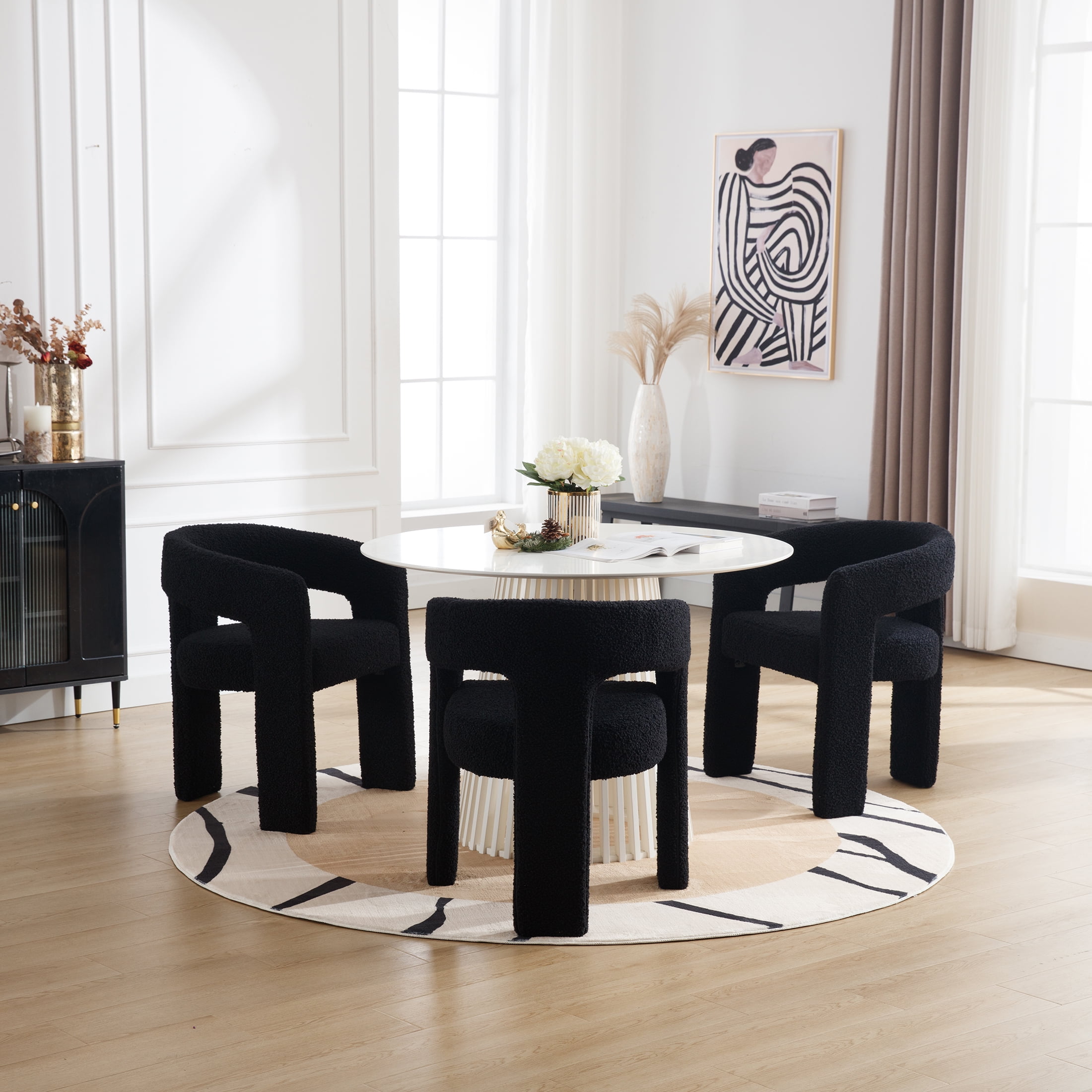 Guyou Modern Faux Fur Upholstered Dining Chair, Cute Barrel Side Armchair Kitchen Chair with Armrests and Back for Living Room Dining Room Bedroom, Black