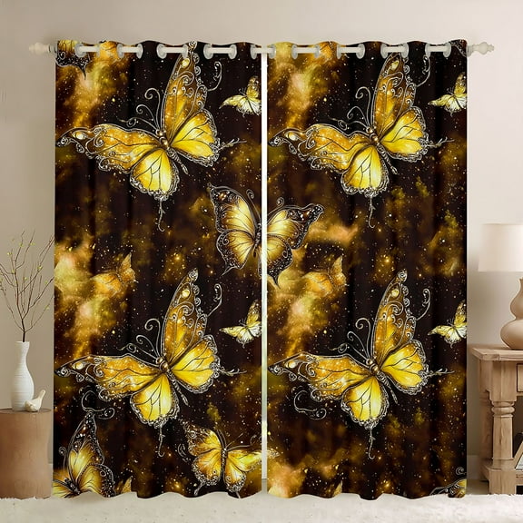 Feelyou Romantic Gold Butterfly Black Out Curtains, Glitter Stars Starry Sky Curtains Pack of 2 (42x63 Each), Dreamy Animal Bedroom Curtains, Blackout Curtains Room Decor