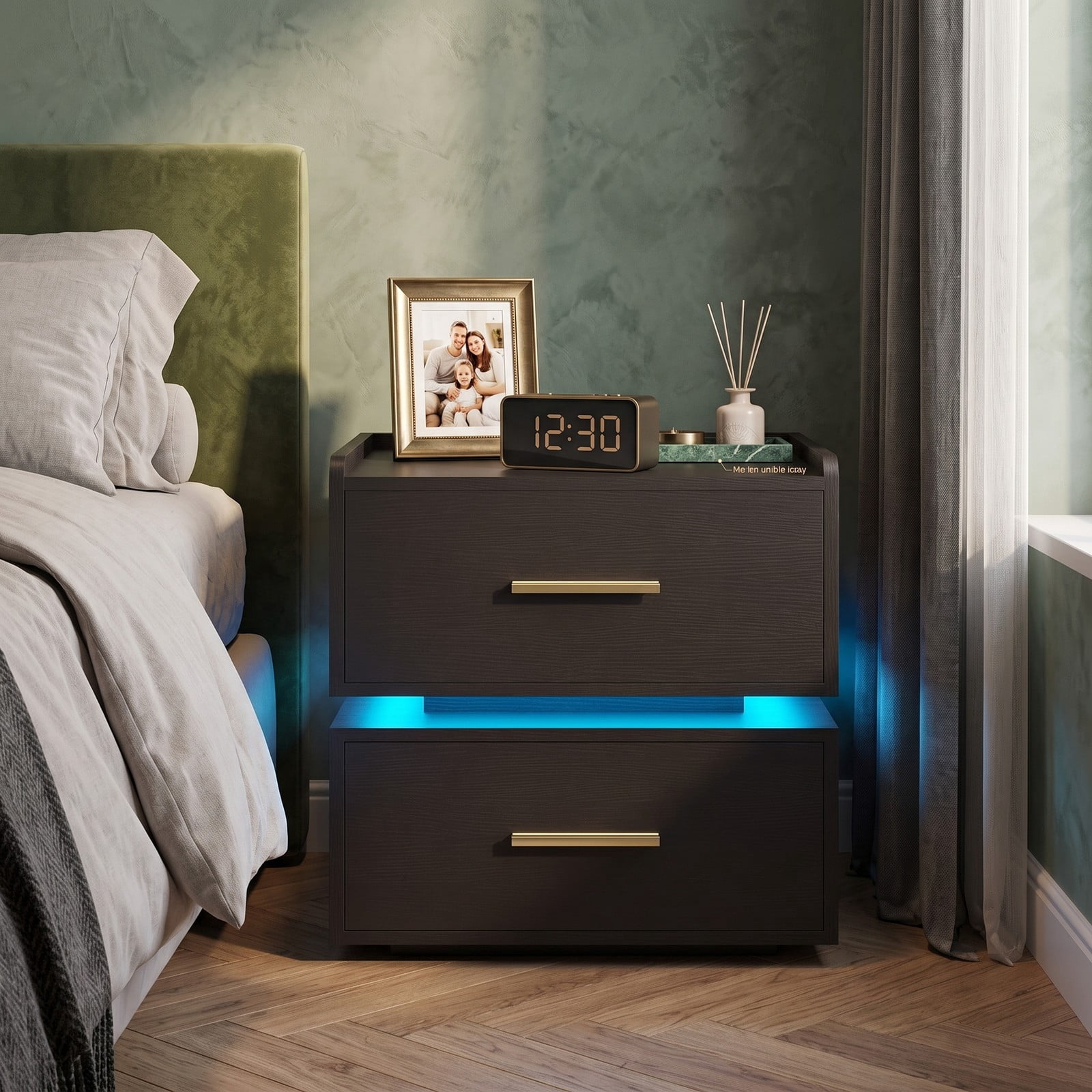 Furnibear LED Nightstand with Charging Station and 2 Storage Drawers, RGB Bedside Table with Semi-floating Design for Bedroom, Black