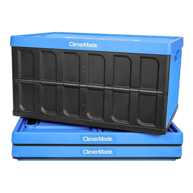CleverMade Bacs de Rangement Durables Empilables 62L Pliables, Bleu Neptune (Lot de 3)