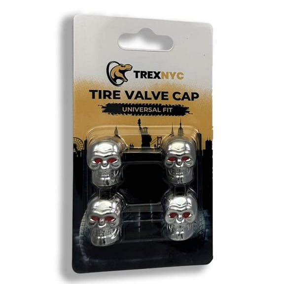 TrexNYC Tire Valve Caps, Universal Stem Covers for Cars, SUVs, Bike, Trucks, Motorcycles, Heavy-Duty and Easy-Grip Use, 4 Pieces, Silver Skull