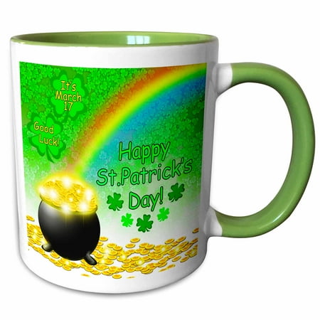 Patricks Pot - 3dRose Digital Art St. Patricks Pot of Gold end of Rainbow and Green Clover - Two Tone Green Mug, 11-ounce