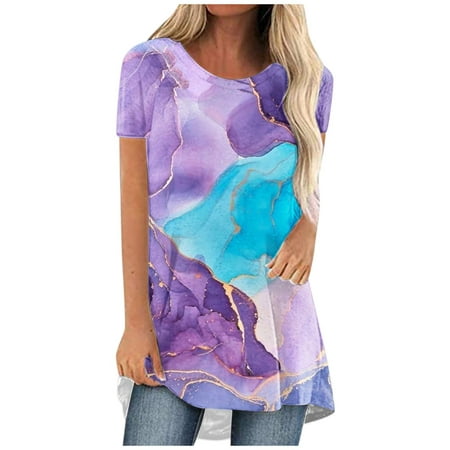 JGGSPWM Fashion Marble Print Tunic Top for Women Loose Fit Short Sleeve T Shirt Blouses Casual Swing Shirt Tees Landscaped Tops Pink-01 XL