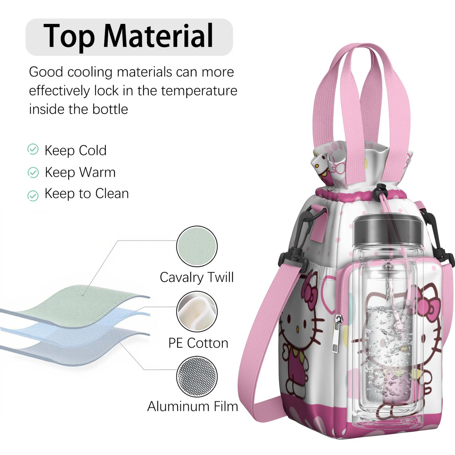 Insulated Water Bottle Carrier Bag Sleeve with Strap Crossbody for 20/24/32/40oz Tumbler,Hello Kawaii Cat Cute Water Bottle Holder Sling Bag with Pocket Gifts for Women Men Adults