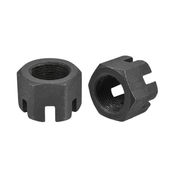 M22x1.5mm Hexagon Slotted Nut, Grade 4.8 Carbon Steel Hex Nuts, Black, 4Pack