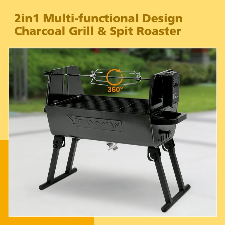 Brand Man 2 in 1 Charcoal Grill with Rotisserie Grill Kit Portable Enameled Steel Barbecue Grill Stainless Steel Spit Roaster with Motor