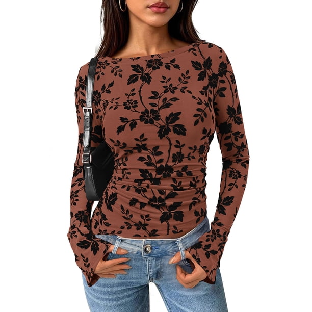 Top PRETTYGARDEN para Mujer Manga Larga Malla Floral Marrón M