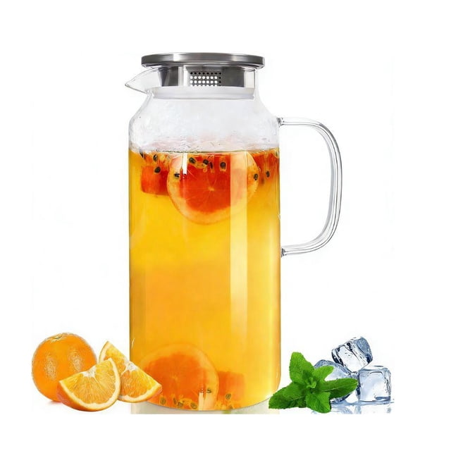 Jarra de Vidrio Borosilicato de 2 Litros con Tapa de Acero Inoxidable y Pico Antigoteo para Bebidas Frías y Calientes