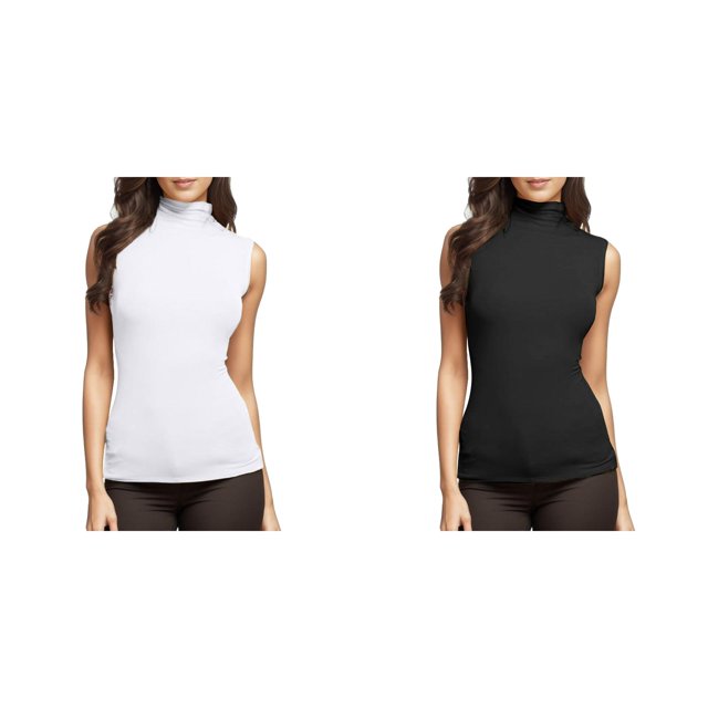 Lot de 2 (Blanc 1 Pce et Noir 1 Pce) Multipack Hauts de Yoga Actifs pour Femmes Haut T-Shirt Femmes Coupe A Hauts Col Roulé Blouse Ajustée Chemise 4TG Hauts pour Femmes Sans Manches Uni Blouse pour Femme