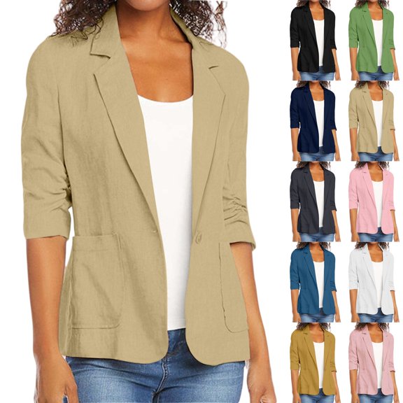 IYYVV 2026 Summer Linen Blazer Women 3/4 Sleeve Lightweight Suit Jacket Elegant Casual Cotton Blend Work Blazers Cardigan Black L