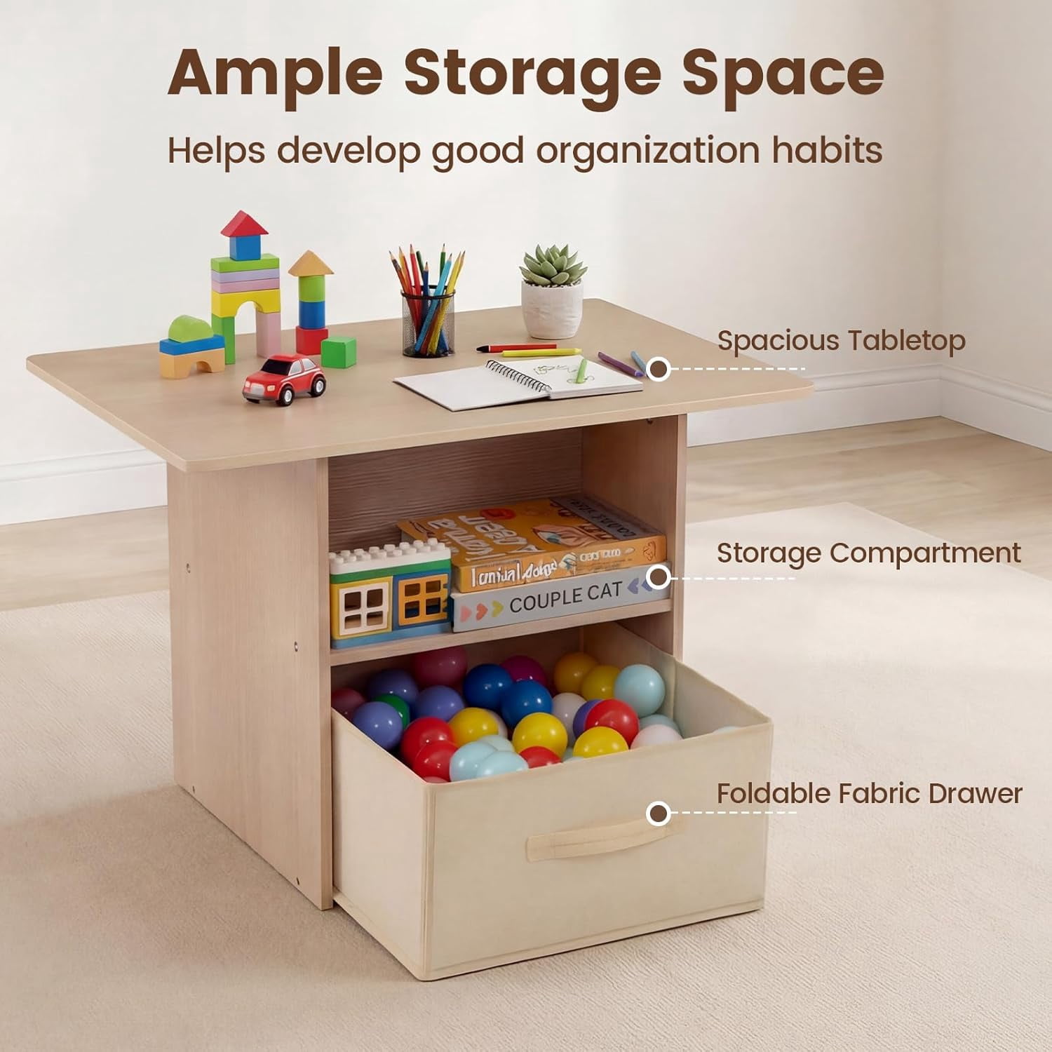 OLAKIDS Kids Table and Chair Set, 4 in 1 Wooden Activity Desk with Foldable Storage Drawer, Children Furniture for Art Crafts Drawing Reading Dining