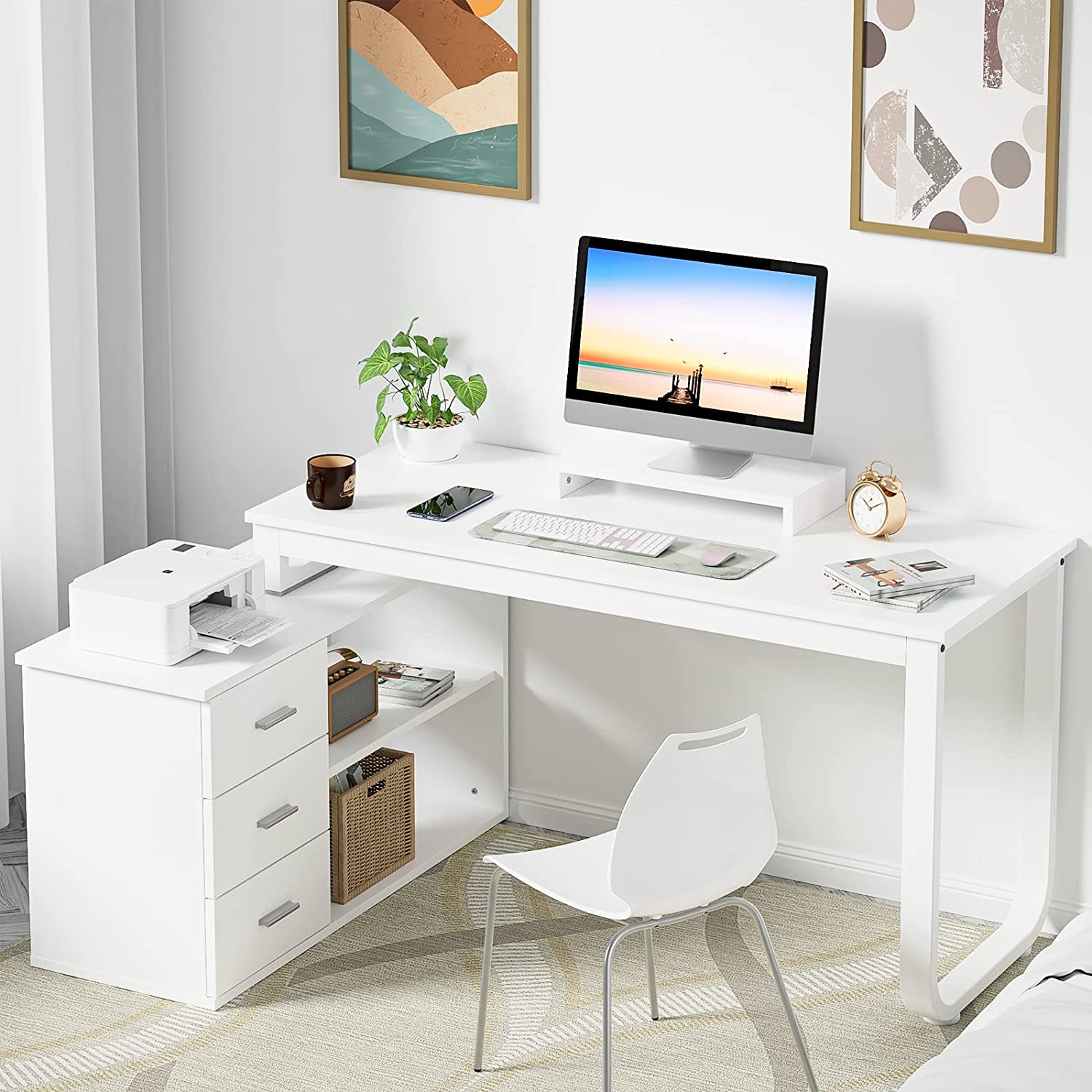 Catrimown LShaped Computer Desk, 55 Inch White Reversible Desk with Monitor Stand and 3 Drawer