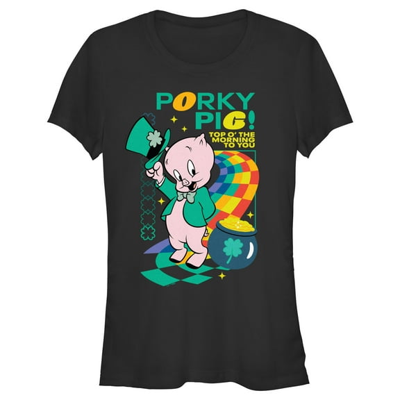 Junior's Looney Tunes Porky Top o’ the Morning to You Graphic Tee Black Medium