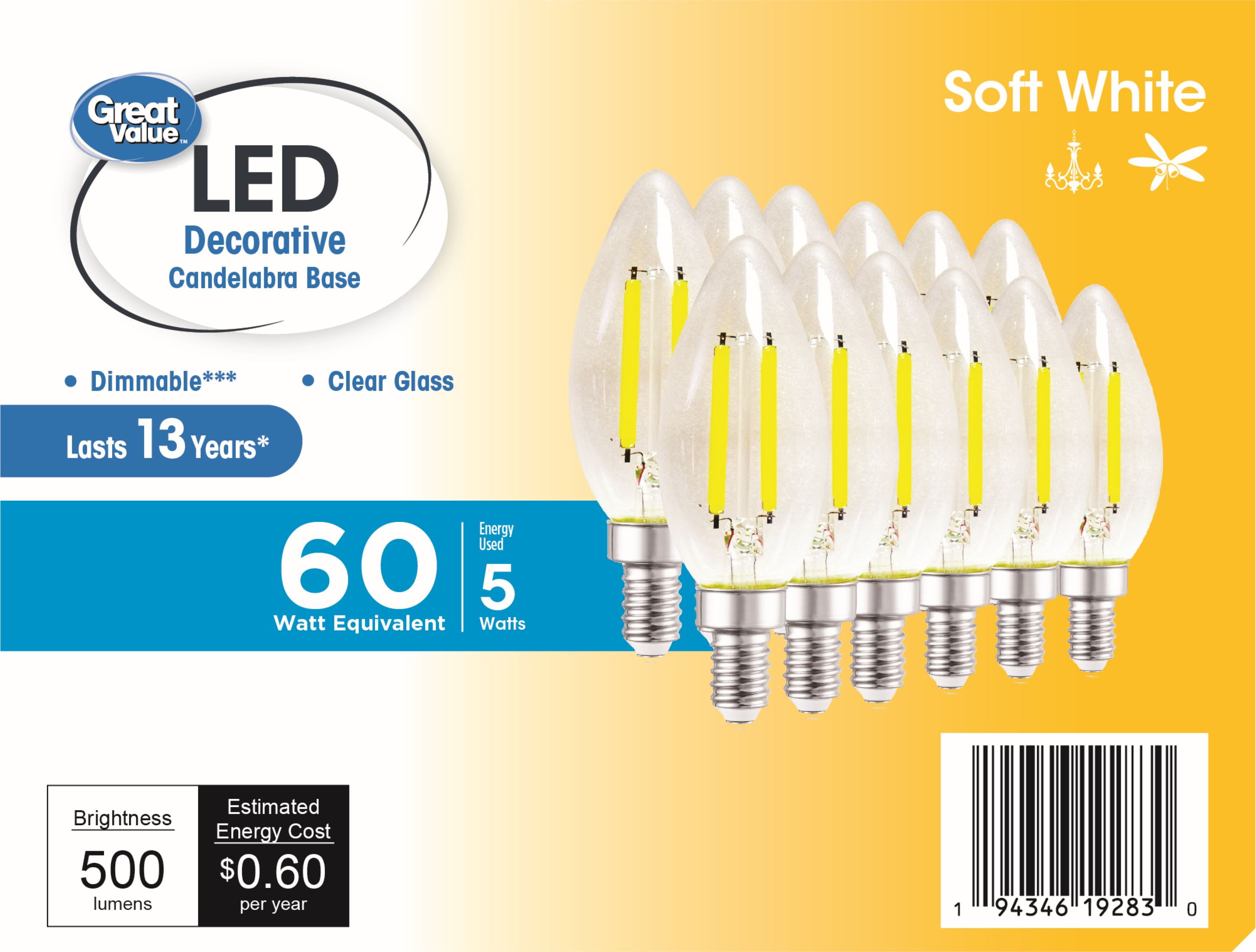 Great Value LED Light Bulb, 4W (60W Equivalent) B10 Deco Lamp E12 Candelabra Base, Dimmable, Soft White, 12-Pack
