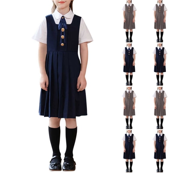 THDHVS Girls Outfits, Solid Color Short Sleeve Shirt Sleeveless Dress and Tie Set for Big Girls Back to School Outfit 5-6 Years