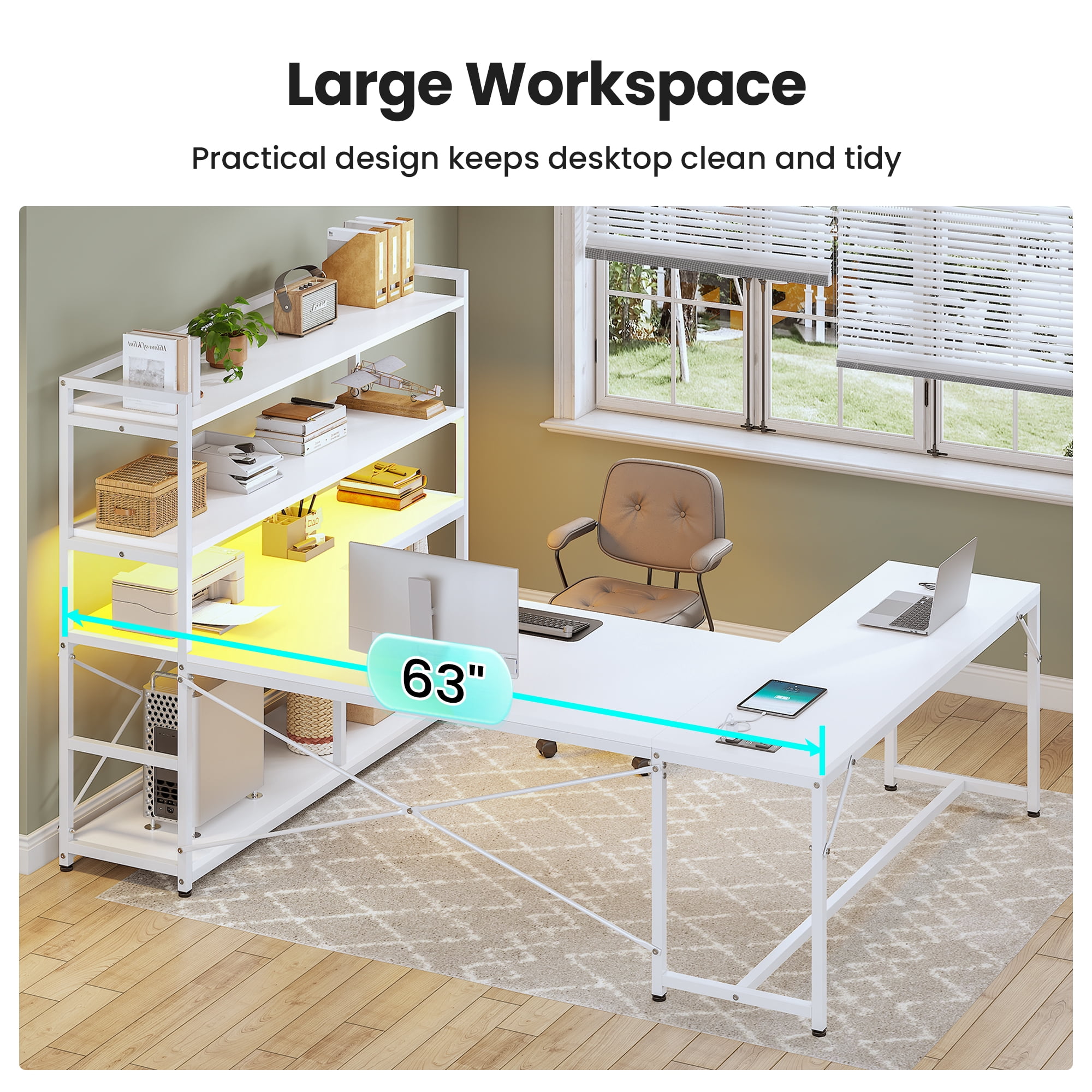 63 Inch U-Shaped Desk with Power Outlet & LED Lights, Reversible Gaming Desk with 5-Tier Storage Shelves, Computer Desk with Spacious Desktop, Corner Desk for Home Office, White